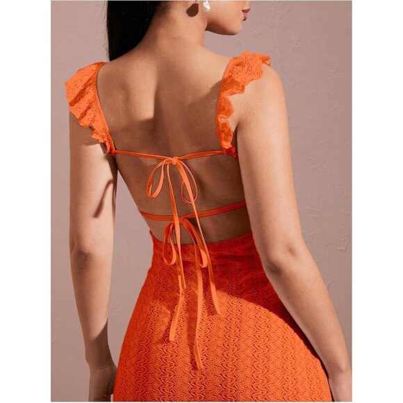 Women Solid Orange Crochet Ruffle Sleeveless Bodycon Long Maxi Dress - Picture 4 of 5